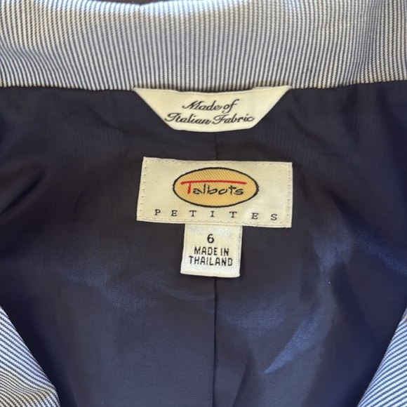 Talbots Petites Blue Preppy Pinstripe Fitted Blazer Jacket Italian Woven Cotton - Picture 8 of 11